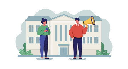 Two people stand in front of a large building, one holding a megaphone, symbolizing protest and communication. Calm mood.のイラスト素材