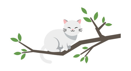 Illustration shows a white cat sitting peacefully on a brown tree branch with green leaves, conveying calm and serenity. Calm mood.のイラスト素材