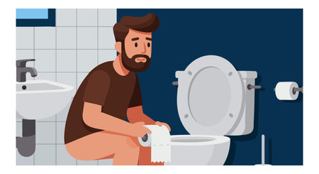 Illustration shows a man sitting on a toilet holding toilet paper in a bathroom with blue walls and tiled floor, conveying a thoughtful mood.のイラスト素材
