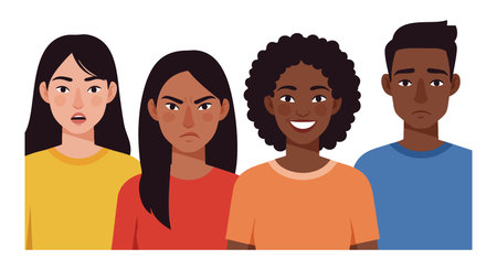 Illustration shows four diverse young people with varied facial expressions and clothing,...
