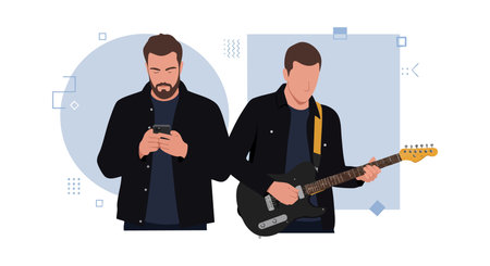 Illustration shows two men, one using a smartphone and the other playing an electric guitar, set against abstract blue shapes, modern and calm.のイラスト素材