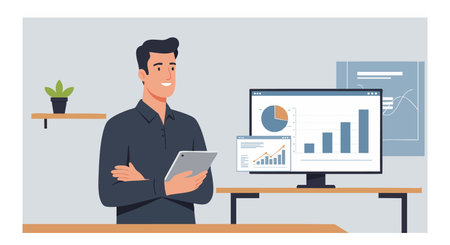 Illustration shows a young businessman analyzing financial charts on a desktop monitor while holding a tablet in an office setting, professional mood.のイラスト素材