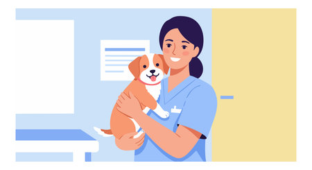 Illustration shows a female veterinarian holding a happy puppy in a clinical room with soft lighting, conveying care and professionalism, warm mood.のイラスト素材