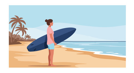 Woman holding a surfboard stands on a sandy beach near calm ocean waves and palm trees under a clear sky, evoking peaceful mood.のイラスト素材