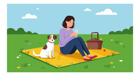 Woman sits on yellow blanket with her dog in a green park using a smartphone, surrounded by nature and a picnic basket, calm mood.のイラスト素材