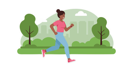 Woman jogging in a green park with trees and city skyline in the background, showing outdoor exercise and healthy lifestyle. Energetic mood.のイラスト素材