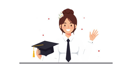 Vector illustration shows a female graduate holding a graduation cap and waving her hand in a cheerful attitude. Celebratory mood.のイラスト素材