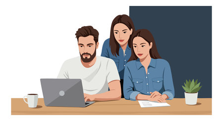 Three young adults collaborate at a wooden table with laptop, documents, and coffee cup, showcasing teamwork and focus in a casual setting. Calm mood.のイラスト素材