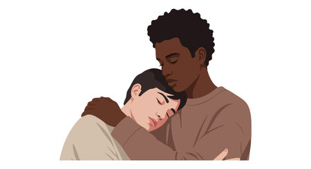 Illustration shows a couple sharing a warm embrace with closed eyes, expressing comfort and affection in a tender scene. Calm mood.のイラスト素材