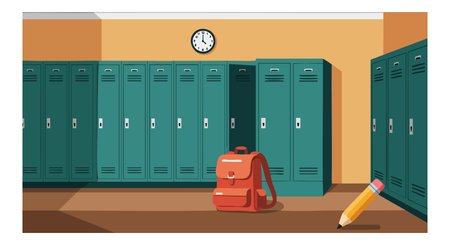Vector image shows school hallway with green lockers, orange backpack, and pencil under clock, creating calm academic atmosphere.のイラスト素材