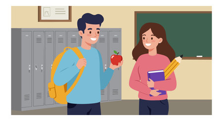 Illustration shows two high school students standing in a school hallway with lockers, holding books and an apple, smiling in casual mood.のイラスト素材