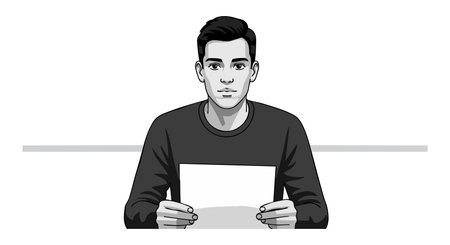 Man sits at table holding blank paper in black and white vector style with neutral expression, minimalistic and simple mood.のイラスト素材