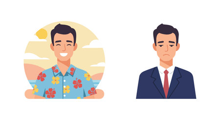 Illustration shows a happy man in a floral shirt next to a sad man in a suit, depicting emotional contrast clearly. Calm mood.のイラスト素材