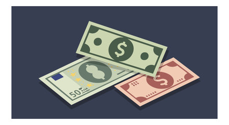 Illustration shows three paper money bills in green, blue, and red colors with dollar signs on dark background, representing finance and economy, calm mood.のイラスト素材