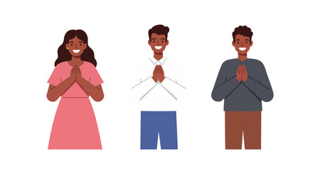 Illustration shows a diverse group of three people with hands together in prayer gesture, expressing calm and unity in a friendly mood.のイラスト素材