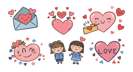 Illustration shows adorable hearts and two girls with love signs surrounded by hearts and stars, conveying affectionate and joyful mood.のイラスト素材