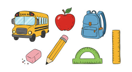 Vector collection features school bus, red apple, blue backpack, pencil, eraser, pink protractor,...
