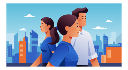 Illustration shows three young adults standing confidently with a city skyline in the background,...