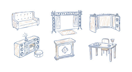This vector features hand-drawn sketches of various furniture items like sofa, stage, cabinet, radio, counter, and table with chair in a simple line art style. Creative and minimal.のイラスト素材