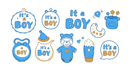 This vector set features baby boy icons including a bear, bib, rattle, and moon in blue and orange colors, perfect for newborn announcements. Cheerful mood.のイラスト素材