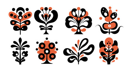 This vector set features eight stylized abstract flowers in orange and black, perfect for decorative and creative design projects, presenting a modern artistic mood.のイラスト素材