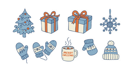 Vector features Christmas tree, gifts, mittens, hat, snowflake, and a cozy cup with warm drink, evoking festive winter cheer mood.のイラスト素材