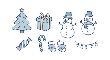 Vector icons show Christmas tree, two snowmen, candy, mittens, gift, and lights in simple blue style for festive winter mood. Cheerful.のイラスト素材