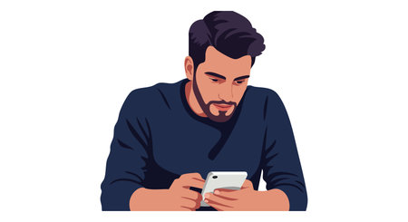 Illustration shows a man attentively using a smartphone, engaging with digital content in a modern setting, conveying concentration and calm mood.のイラスト素材