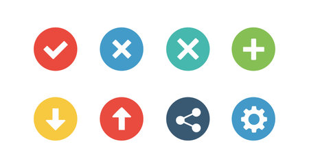 Vector icons display colorful check mark, crosses, plus, arrows, share, and settings symbols for...