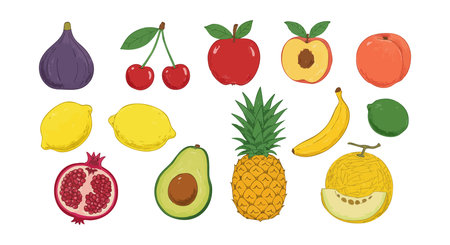 This vector showcases a vibrant collection of fruits, promoting health and wellness. Fresh and lively.のイラスト素材