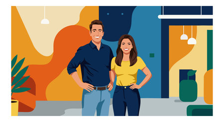 Vector illustration of a happy couple standing confidently in a modern home with vibrant orange and...