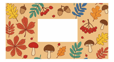Vector design features colorful autumn leaves, mushrooms, acorns, and bright berries on beige background, creating a seasonal and cozy nature pattern. Warm mood.のイラスト素材
