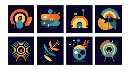 This vector set shows abstract colorful icons with geometric shapes and lines on dark background in a modern artistic style, creative and vibrant.のイラスト素材