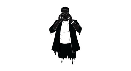Vector image shows man talking on phone wearing jacket and casual clothes in minimalist style. The artwork is modern and stylish. Calm mood.のイラスト素材
