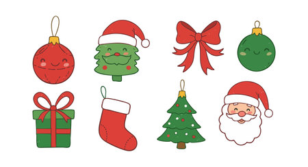 Vector set of Christmas holiday icons including Santa Claus, Christmas tree, ornaments, gift box, stocking, and red bow in cheerful festive style. Merry mood.のイラスト素材