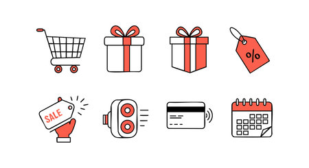 Set of shopping and sales icons including cart, gift boxes, discount tags, credit card, and calendar in simple style. Clean and practical mood.のイラスト素材