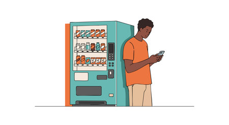 Illustration shows a young man standing by a vending machine selecting items while using his phone,...