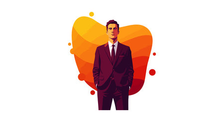 Illustration shows a confident businessman in a suit with hands in pockets against warm orange...