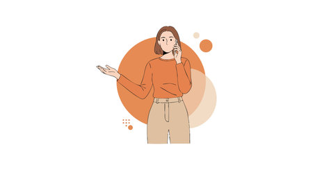 Illustration shows a woman wearing an orange sweater and beige pants talking on the phone with a...