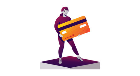 Illustration shows person holding oversized orange credit card on platform with purple and white colors, conveying modern digital finance mood.のイラスト素材