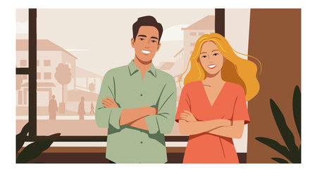 Man and woman stand indoors with arms crossed, smiling confidently near large windows, conveying warmth and friendliness. Bright mood.のイラスト素材