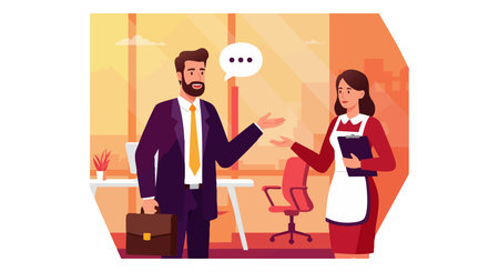 A businessman and waitress engage in conversation in a warmly lit office setting, featuring orange and red hues. The scene feels professional and friendly.のイラスト素材