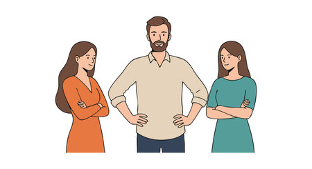 Illustration shows a man and two women standing confidently with arms crossed, portraying unity and strength in a minimalist style. Calm mood.のイラスト素材