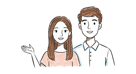 Illustration shows friendly young man and woman waving with smiles in a casual style, creating a welcoming and cheerful atmosphere.のイラスト素材
