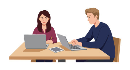 Illustration shows a young man and woman sitting at a desk working on laptops and tablet, focused and collaborative mood.のイラスト素材