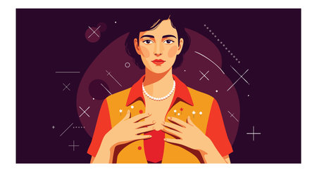 Digital portrait of a woman wearing an orange vest and pearl necklace set against a dark purple background with sparkles, elegant mood.のイラスト素材