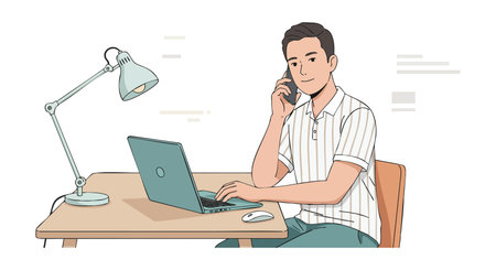 Illustration shows a man speaking on phone while working on laptop at desk with lamp and mouse in a calm setting. The mood is peaceful.のイラスト素材