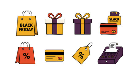 Vector illustration shows Black Friday shopping bags, gift boxes, discount tags, credit cards, and a cash register in warm colors. Cheerful mood.のイラスト素材