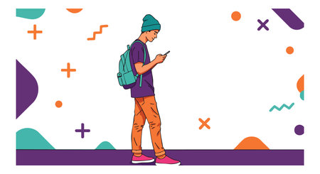 Illustration shows a young man walking while looking at his smartphone, dressed in casual clothing and a backpack, in a vibrant style, energetic mood.のイラスト素材