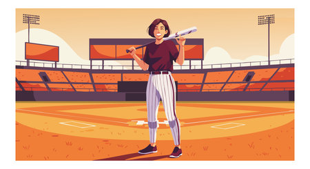 Illustration shows a female baseball player standing confidently in a stadium holding a bat, emphasizing sportsmanship and determination in warm colors.のイラスト素材